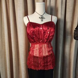 Kaelyn Max II Red Satin Whimsygoth Top 1X Sequin Beaded Sheer Y2K Cami
